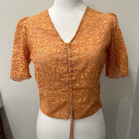 Sandro Livio Tie Front Drawstring V Neck Slim Fit Blouse Orange Size 2-4 US - Picture 5 of 12